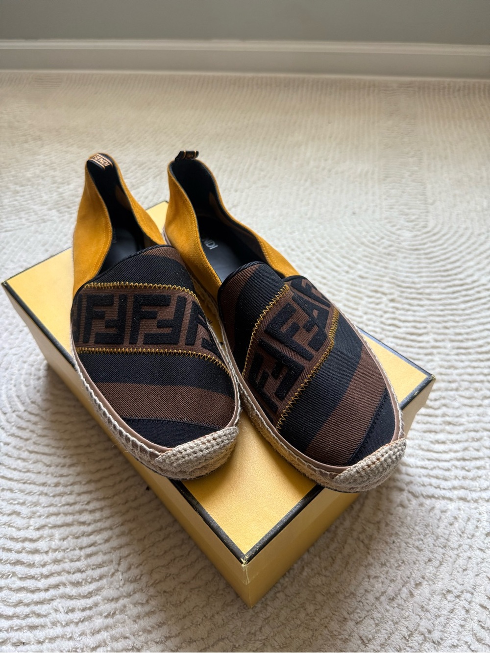 Fendi Brown, Black & Yellow Logo Espadrille Slip-Ons